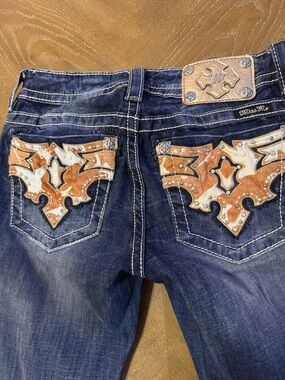 Vintage Miss Me Dark Wash Jeans with Tan & Cream Embellished Pockets